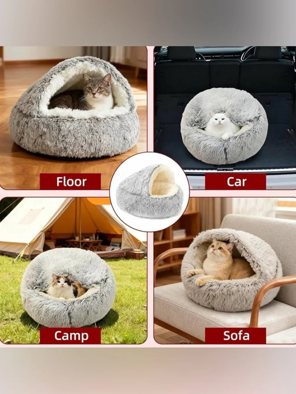 Cozy Plush Pet Cave Bed - Gray Exterior, Cream Interior
